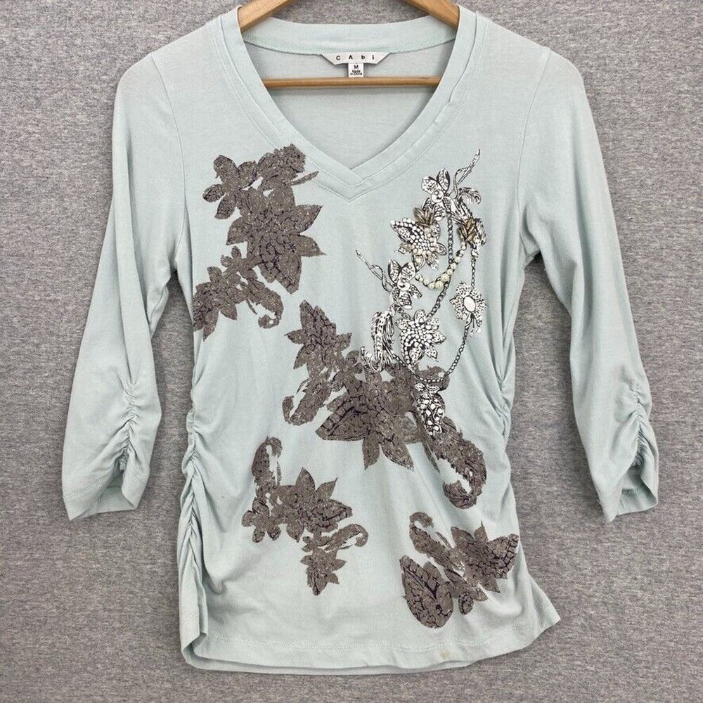 CAbi Top Womens Medium Light Blue Embellished Ruched Sides 3/4 Sleeves VNeck